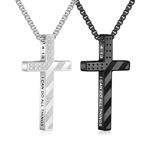 M MOOHAM Easter Gifts for Men Cross Necklace - Silver Black Stainless Steel Bible Verse Cross Chain Pendant Necklaces for Men American Flag Religious Christian First Communion Jewelry Gifts 22 Inches - Image 1