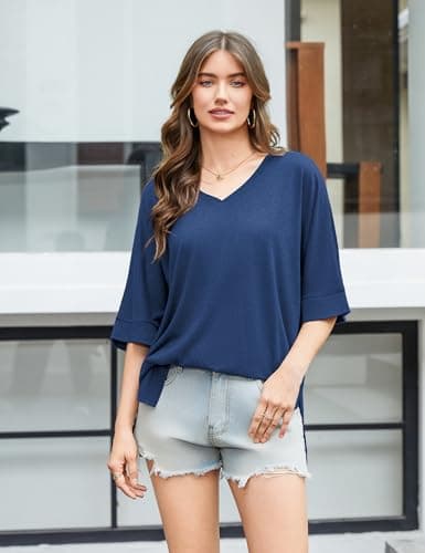 Totatuit Ladies Short Sleeve Tops Split Hem V Neck Blouses for Women Business Casual Spring Plain Tunic Navy Blue S - Thumbnail 3