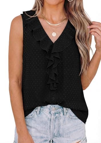PRETTYGARDEN Womens Tank Tops 2026 Summer Dressy Casual Blouses Sleeveless Ruffle V Neck Swiss Dot Button Down Work Shirts (Black,Small) - Thumbnail 5