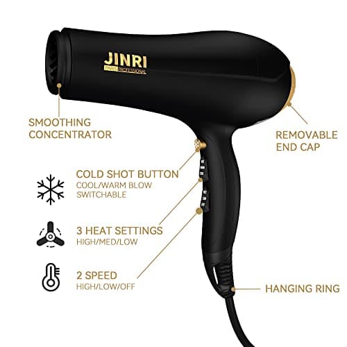 JINRI Hair Dryer, 2000W, 3 Heat & 2 Speed, Detachable Air Intake, with Diffuser, with Concentrator, Hanging Strap, Non-Foldable, Black - Thumbnail 3