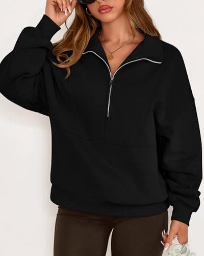 KIRUNDO Sweatshirt for Women 2026 Fall Half Zip Pullover Oversized Fleece Mock Neck Hoodies Fashion Outfits Winter Clothing(Black, Small) - Thumbnail 4
