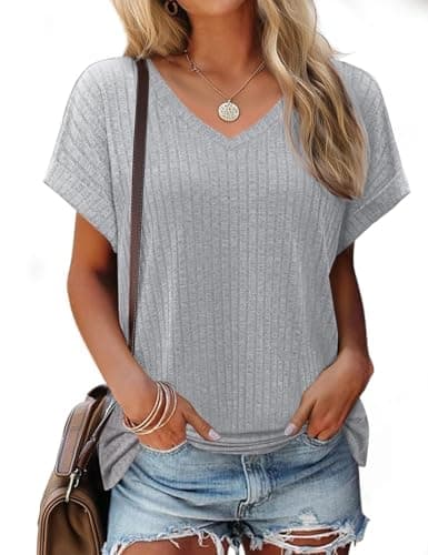 JUSTFASHIONNOW Summer Shirts for Women 2026 Short Sleeve V Neck Tops Trendy Basic Tees Summer Dressy Casual Vacation Outfits Grey M - Image 1