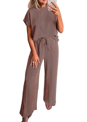 KIRUNDO 2 Piece Sets for Women Dressy Casual Ribbed Knit Short Sleeve Tops Wide Leg Pants Lounge Set Travel Airport Outfits(Brown, Large) - Image 1