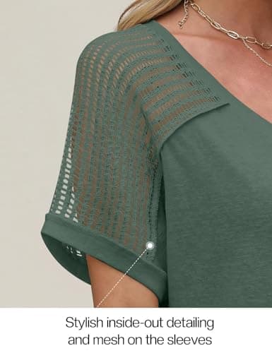 JUSTFASHIONNOW Cute Summer Tops for Women 2025 Trendy Short Sleeve Shirts V Neck Vintage Tees Casual Ladies Blouses Spring Outfits Green S - Thumbnail 4