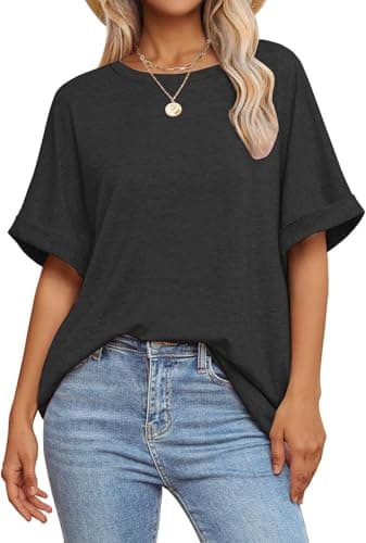 GKBK Womens Oversized T Shirts Crew Neck Short Sleeve Tops Spring Summer Business Dressy Casual Loose Fit Workout Work Basic Tee Blouse 2026 Beach Vacation Trendy Plus Size Clothes Outfit Black M - Image 1