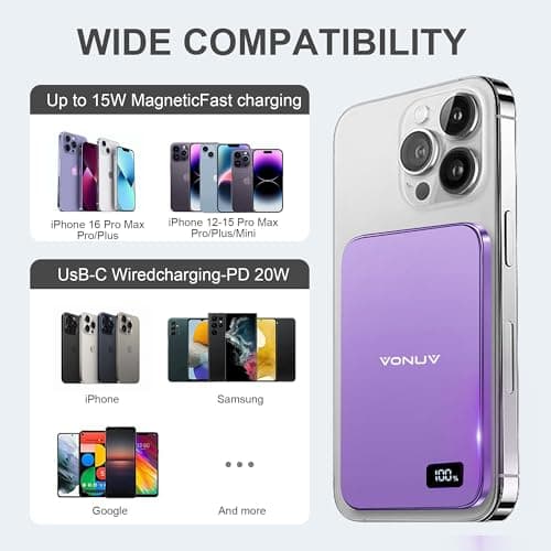 Magnetic Portable Charger 5000mAh, 15W Ultra Slim Wireless Portable Charger, Fast Charging for iPhone 17/16/15/14/13/12 Pro/Pro Max/Plus, Metal Shell, USB-C Cable to Charge Other Phones (Purple) - Thumbnail 5
