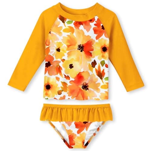 Funnycokid Toddler Swimsuit Girl Floral Rash Guard Swim Sets 2 Piece Long Sleeve 2T Bathing Suits Yellow 2 Years - Image 1