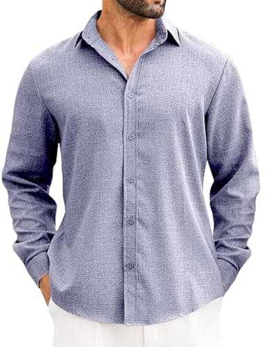 LETSEE Men's Linen Blend Button Down Shirt – Lightweight Long Sleeve Casual Shirt for Beach, Vacation & Wedding Dark Blue Grey - Image 1