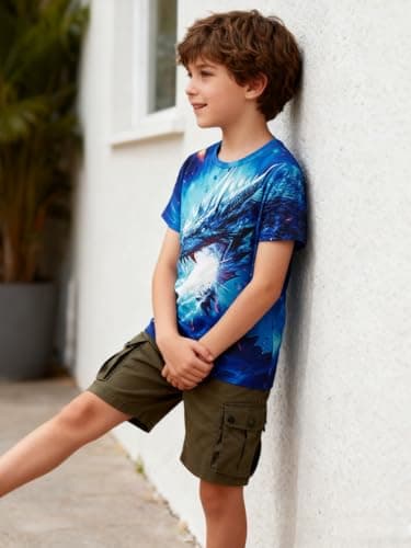 Funnycokid Boys Shirts Neon Color Size 13-14 Kids T-Shirts Girls Dragon Teen Clothes Tops Tees Animal Graphic Print Blue Bright Short Sleeve Birthday Cool 13-14 Years Youth - Thumbnail 6