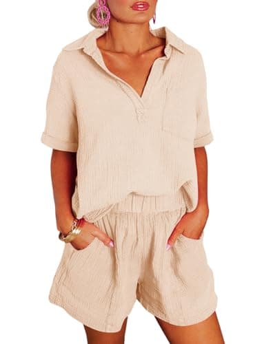 Dokotoo Two Piece Outfits for Women Summer Vacation 2026 Stylish V Neck Beach Short Sleeve Tops Matching Lounge Sets Cute Solid Tracksuits High Waist Shorts with Pockets Ladies Jumpsuits Peach L - Image 1