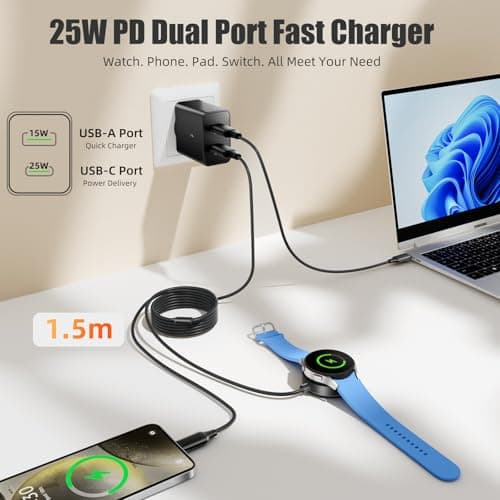 Comvin Compatible with 2 in 1 Samsung Watch Charger,5FT 25W Dual Port Wall Charger Fast Charging Block for Galaxy Watch 8/8 Classic/7/6/6 Classic/5 Pro/5/4/4 Classic/3/Active2/1,Galaxy S25 Note/Z Fold - Thumbnail 5