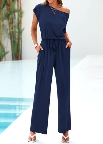 KIRUNDO Wide Leg Jumpsuits for Women Summer Short Sleeve Off Shoulder One Piece Jumpsuits Loose Drawstring Long Pants Romper Jumper Casual Outfits 2025(Navy, Large) - Thumbnail 5