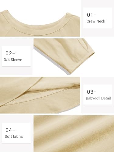 Tankaneo Womens 3/4 Sleeve Tunic Tops Casual Summer Peplum Flowy Oversized Babydoll Blouse Shirts Khaki - Thumbnail 5