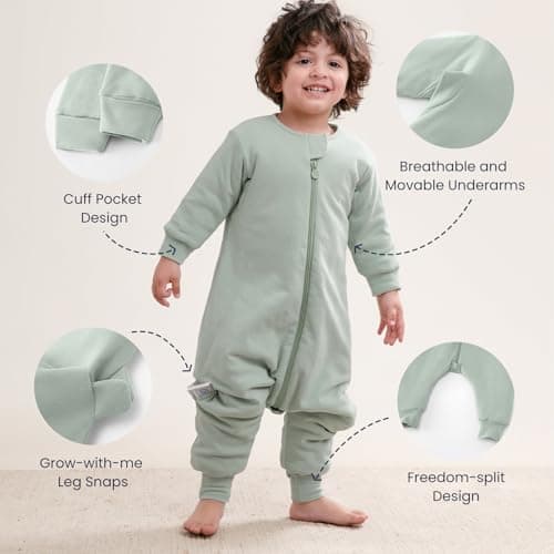 kaiya baby Unisex Toddler Sleep Sack with Feet 1.0 Tog Split Legs Sleep Sack 3T-4T, Sleep Bag Walker, Gifts for Boys & Girls, Pea Green - Thumbnail 6