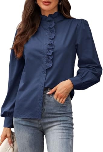 LOOKBOHO Women's Dressy Casual Blouse - Ruffle Collar Button Down Tops Spring Dressy Elegant Solid Retro Shirts for Casual, Office, Work, Everyday Wear Navy Medium - Image 1