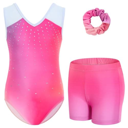 Gogokids Girls Gymnastics Leotard Set with Shorts, Sparkly Rhinestone Gradient Mesh Dance Outfit for Ballet Training, Blue Black, 6-7 Years - Image 1