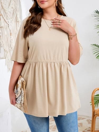 Beautife Womens Plus Size Summer Babydoll Tops Short Sleeve Crew Neck T Shirts Peplum Casual Loose Fit Blouse Khaki - Thumbnail 3