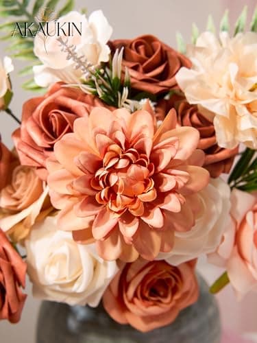 Terracotta Artificial Flowers Burnt Orange Flowers Combo Box Set with Fake Dahlias Roses Peonies Greenery for Wedding Bouquets Bridal Shower Centerpieces DIY Home Decor Baby Shower Thanksgiving Table - Thumbnail 4