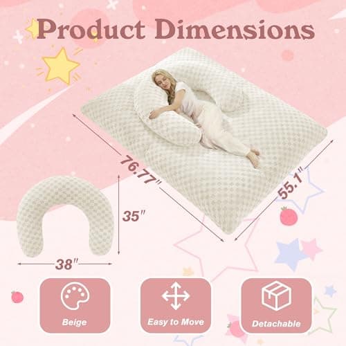 HABUTWAY 3 in 1 Bean Bag Chair with Portable U-Shaped Pillow, Giant Bean Bag with Washable Cover, Convertible Sofa Bed (White) - Thumbnail 2