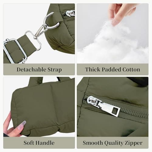 JHhomezeit Small Puffer Bag for Women, Crossbody Puffer Tote Bag Quilted Puffy Bags Satchel Shoulder Purse Fluffy Handbag Army Green - Thumbnail 5