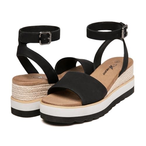 Athlefit Athlfit Women's Open Toe Buckle Ankle Strap Summer Casual Espadrille Platform Wedge Sandals, Black/Pu, Size 11, AD00442 - Thumbnail 5