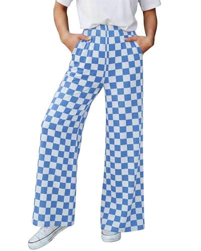 BTFBM Womens Checkered Palazzo Pants Wide Leg High Waisted Pockets Gingham Casual Lounge Pajama Trousers Summer Outfits(Plaid Blue,Large) - Image 1