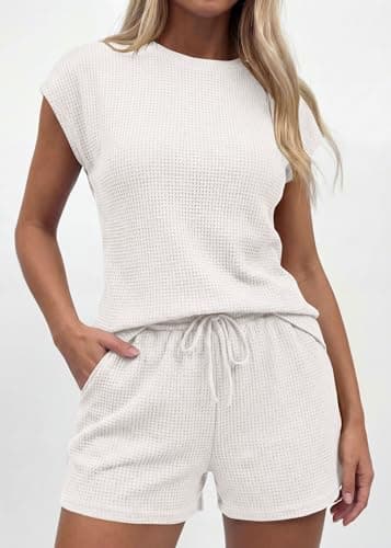 KIRUNDO Waffle Knit Short Sets For Women 2026 Summer Two Piece Cap Sleeve Lounge Set Matching Drawstring Vacation Outfits(White, Medium) - Thumbnail 5