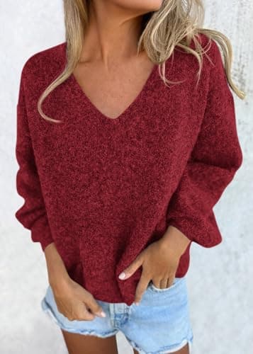 KIRUNDO Sweaters for Women Fall 2026 Oversized V Neck Cozy Cute Casual Long Sleeve Knit Pullover Trendy Winter Clothing(Red, X-Large) - Thumbnail 3