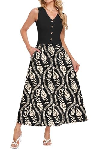 MOLERANI Summer Maxi Dress for Women 2026 Casual Sleeveless V-Neck Elegant Flowy Long Sundress and with Pockets,Color Block,Holiday,Brunch(Black Realm Leaf,M) - Image 1