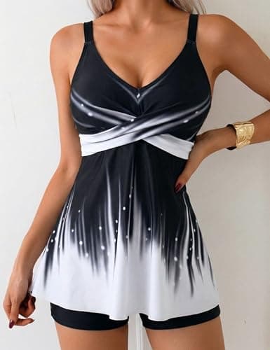 Firpearl 2026 Tankini Swimsuits for Women Two Piece Bathing Suits with Shorts Modest Tank Top Swim Dress XL/US14 Black&White Ombre - Thumbnail 2