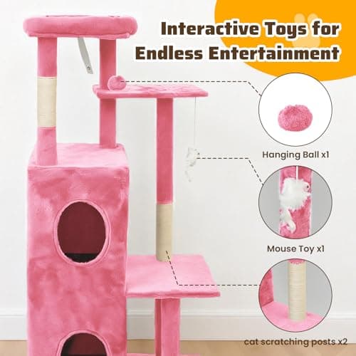 FURFAST Large Cat Tree Tower, 50 Inch Multi-Level Tower Cat Tree for Indoor Cats Large Adult, Cat Tower with Scratching Post, with Climbing Ladder, 2 Cat Caves Bed Cave, Cat Toys, Cat Houses,Pink - Thumbnail 5