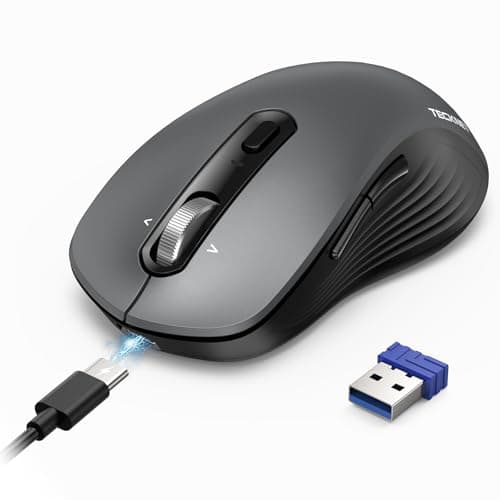 TECKNET Rechargeable Bluetooth Mouse, [ USB + BT5.0 + BT3.0 ] Wireless Mouse, Ergonomic 4-Way Scroll Wheel Computer Mice, 6-Level 4800 DPI Silent Mice, Multi-Device for Computer/Laptop/MacBook - Grey - Image 1