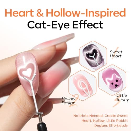 modelones Cat Eye Gel Polish Magnet for Nails, Black CatEye Magnet Tools Heart&Hole Square Powerful 3-in-1 Magnetic Pen Double Head Lollipop Magnetic Gel Polish Heart French Floral Effect Gift 10PCS - Thumbnail 2