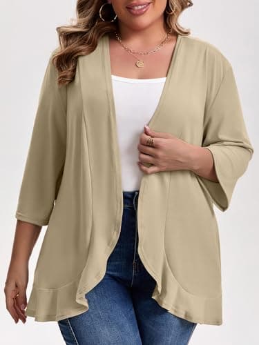 MK Shop Limited Plus Size Cardigan for Women Casual 3/4 Sleeve Lightweight Soft Open Front Cardigans with Pockets Khaki XL - Thumbnail 2