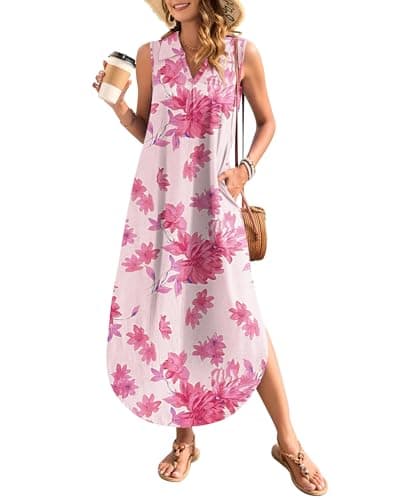 WNEEDU Summer Dresses for Women 2026 Maxi Dresses Casual Collared V-Neck Sleeveless Sundresses Split Beach Long Dress Travel Vacation Outfits,Pink Flower L - Image 1