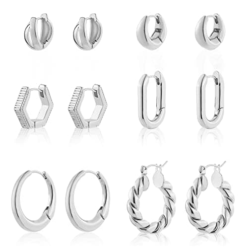 Wgoud 6 Pairs Gold Hoop Earrings Set for Women, 14K Gold Plated Hypoallergenic Lightweight Chunky Open Huggie Hoops Earrings Jewelry for Gift. (6 silver huggies) - Image 1