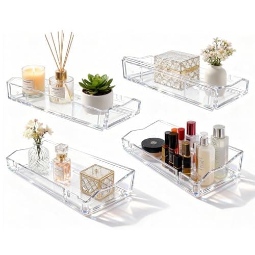 2 Packs Clear Floating Display Shelves for Wall, Clear Acrylic Card Display Shelf Room Decor for Doll Figurine/Book/Photo/Makeup in Living Room, Bedroom, Kitchen Storage and Bathroom Wall Organizer - Image 1