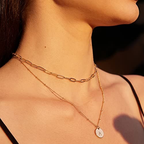 Valloey Rover Initial Necklaces for Women 14K Gold Plated Dainty Layered Necklce Round Coin Disc Pendant Engraved Letter P Necklace Personalized Jewelry Gift for Women - Thumbnail 4
