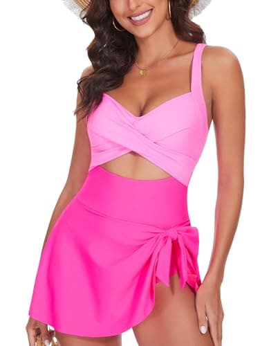 MFAVIP One Piece Swimsuit Women Tummy Control Swim Dress Sexy Criss Cross Tie Back Bathing Suit Pink - Image 1