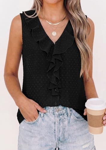 PRETTYGARDEN Womens Tank Tops 2026 Summer Dressy Casual Blouses Sleeveless Ruffle V Neck Swiss Dot Button Down Work Shirts (Black,Small) - Thumbnail 6