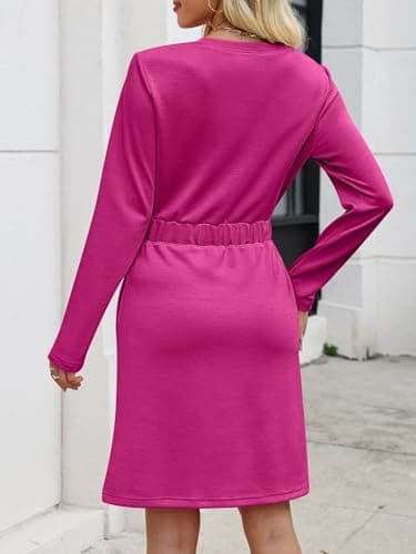 ANRABESS Womens Long Sleeve Dress 2025 Fall Casual Elastic Waist Short Mini T Shirt Dresses with Pockets Travel Outfits Hot Pink Small - Thumbnail 6