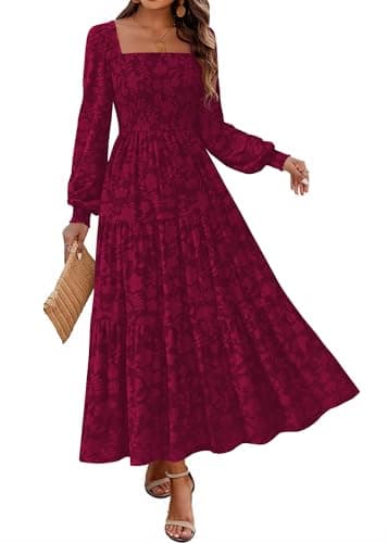 KIRUNDO Wedding Guest Dresses for Women Spring 2026 Long Sleeve Smocked Floral Flowy A Line Boho Maxi Dress Fashion Clothing (Burgundy, Large) - Image 1