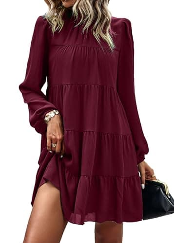 KIRUNDO Long Sleeve Baby Doll Dresses Women 2026 Casual Spring Summer Ruffle Mock Neck Tiered Mini Flowy Swing Shift Dress(Wine Red, X-Large) - Image 1