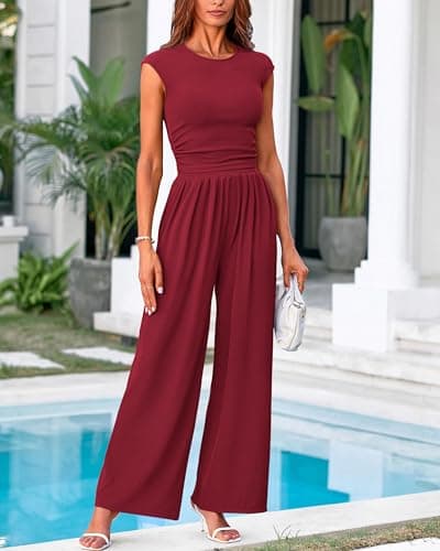 PRETTYGARDEN Women's Summer 2 Piece Outfits 2026 Cap Sleeve Ruched Slim T Shirt Ribbed Knit Wide Leg Pant Sets Tracksuit(Wine Red,Small) - Thumbnail 2