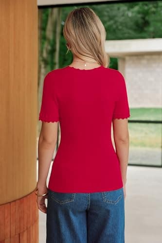 Arach&Cloz Women's 2026 100% Cotton Spring Summer Tops Scoop Neck Short Sleeve Sweater Shirts Pullover Lightweight Soft Cozy Slim Fit Stretchy Business Casual Outfits Work Clothes Trendy Red M - Thumbnail 5