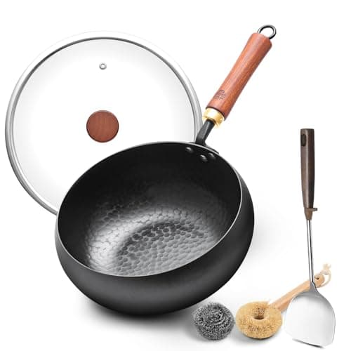 WANGYUANJI 9.5" Carbon Steel Wok - [Heavy-Duty & Thickened Base] - Deep Bowl Stir Fry Pan for Induction, Electric & Gas - Warp-Resistant, Splatter-Free Design with Lid (1-2 Person) - Image 1