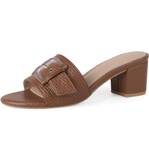 COMFITORIA Women's Raffia Heeled Sandals Low Block Chunky Heel Sandals Open Toe Buckle Strap Beach Slip on Mules Summer Vacation Casual Dressy Shoes, Brown, Size 10 - Image 1