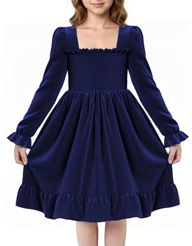 JiAmy Toddler Girls Dresses Velvet Puff Long Sleeve Smocked Square Neck Ruffle Flared Casual Dress Navy Blue 3-4Y - Image 1