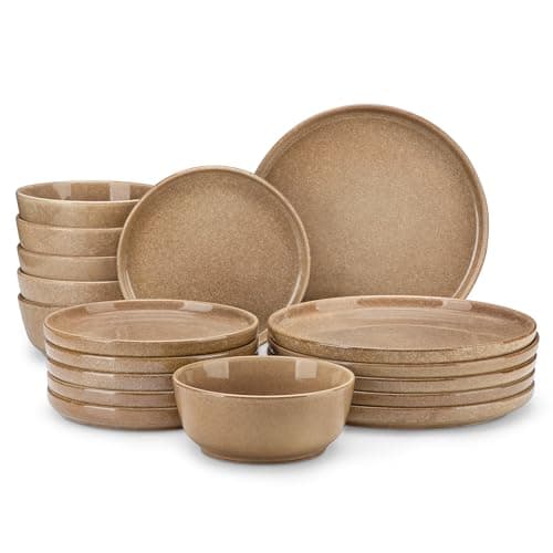 vancasso ANYA 18 Pieces Plates and Bowls Set, Caramel Dinnerware Sets, Reactive Glaze Dishes Set for 6, Ceramic Dishware Sets Kitchen Dinner Set, Microwave & Dishwasher Safe - Image 1
