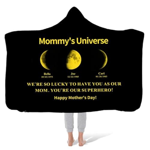 ROSLILY Personalized Moon Phase Hooded Blanket Game Day Custom Hooded Fleece Blanket with Family Name Birthdate Wearable Blanket Gift for Mom Dad Mother's Day Christmas - Image 1